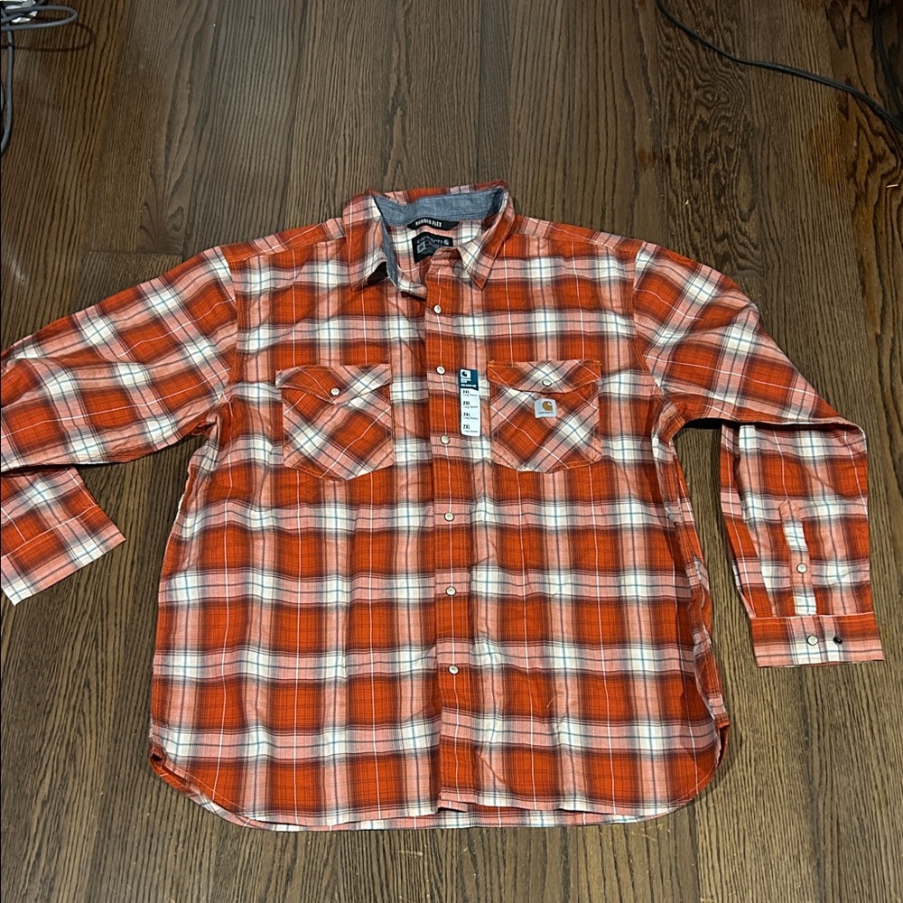 NEW Carhartt Men's Orange and White Plaid Button-Down Work Shirt